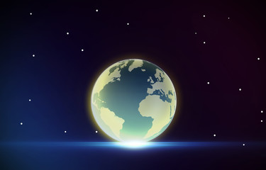 The world in space with glare. Stars on a blue background Astronomical and Scientific Concepts.
