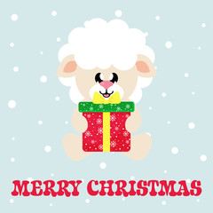 cartoon cute sheep white sitting with christmas gift and text