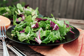 Healthy food. Fresh green salad with spinach,arugula,romaine and lettuce