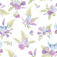 Gentle seamless pattern with pink peonies, bells, fern and birds for wedding greeting card, invitation. Isolated elements on white background. Romantic garden flowers. Watercolor illustration