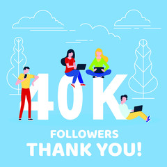 Thank you 40000 followers numbers postcard. People man, woman big numbers flat style design 40k thanks vector illustration isolated on blue background. Template for internet media and social network.