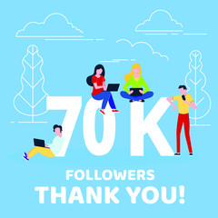 Thank you 70000 followers numbers postcard. People man, woman big numbers flat style design 70k thanks vector illustration isolated on blue background. Template for internet media and social network.