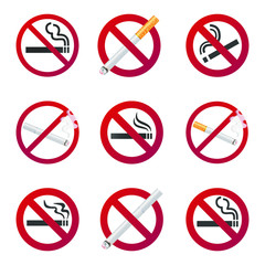 9 no smoking icon signs set. Flat style design and 3d realistics design of signs in the red gradient circles isolated on white background vector illustration.