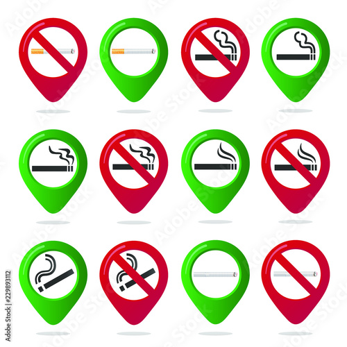 16 No smoking and smoking area marker map pin icon sign set with