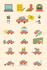 Car buying and daily using icons set