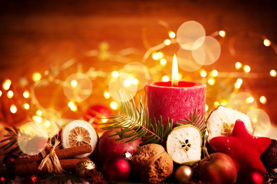 Beautiful Christmas Arrangement with Candle  -  Advent Background