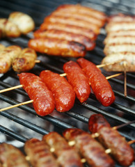 Assorted sausages on barbeque grill