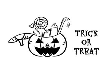 Halloween Pumpkin Bucket with Candy, sweets and lollipops. Outline style.