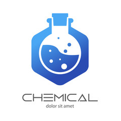 Logotipo CHEMICAL con  probeta circular en hexágono azul
