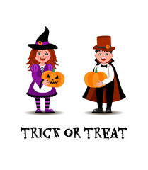 A girl dressed as a witch and a boy dressed as a vampire stand with pumpkins in their hands. Illustration in cartoon style.