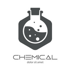 Logotipo CHEMICAL con probeta circular en hexágono gris