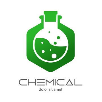 Logotipo CHEMICAL con probeta circular en hexágono verde