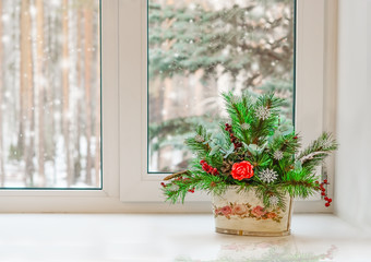 Festive composition, background blank for new year postcard, Christmas, flat lay, copyspace
