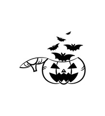 Horror pumpkin for Halloween with bat, outline style illustration.