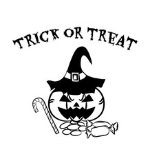 Obraz premium Halloween Pumpkin Bucket with Candy, sweets and lollipops. Outline icon