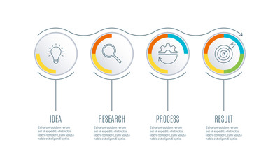 Timeline infographics template with 4 steps, options or section. Business process concept. Diagram, chart, flowchart template with 4 circles. Vector illustration.