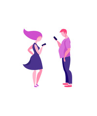 A woman and a man stand in profile and look in their phones. Smartphones and technologies.