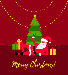 Fototapeta na wymiar Santa Claus lies under a Christmas tree with gifts. Christmas illustration