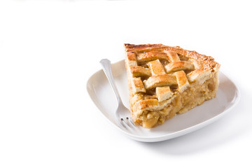 Homemade apple pie slice isolated on white background. Copyspace