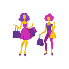 Set of beautiful young girls with shopping bags. Fashion women. Shopping day concept. Flat style. Vector illustration.