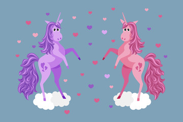 Two funny unicorns stand on their hind legs in the clouds. Cartoon style.