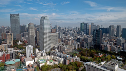 Sky view of downtown Tokyo taken from the Sky view tower. The metropolis of Tokyo expands to the horizon with the skyscrapers and towers in the foreground.