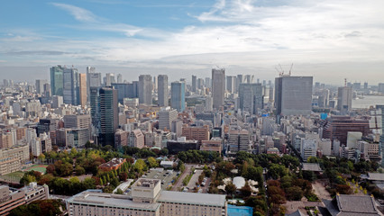 Sky view of downtown Tokyo taken from the Sky view tower. The metropolis of Tokyo expands to the horizon with the skyscrapers and towers in the foreground.