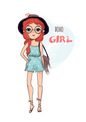 Cute boho girl. Colored vector illustration