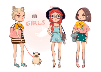 Cute boho girls. Colored vector set. Every girl is isolated