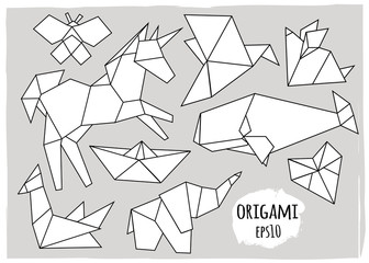 Various polygonal animals. Origami style. Hand drawn vector set. All elements are isolated