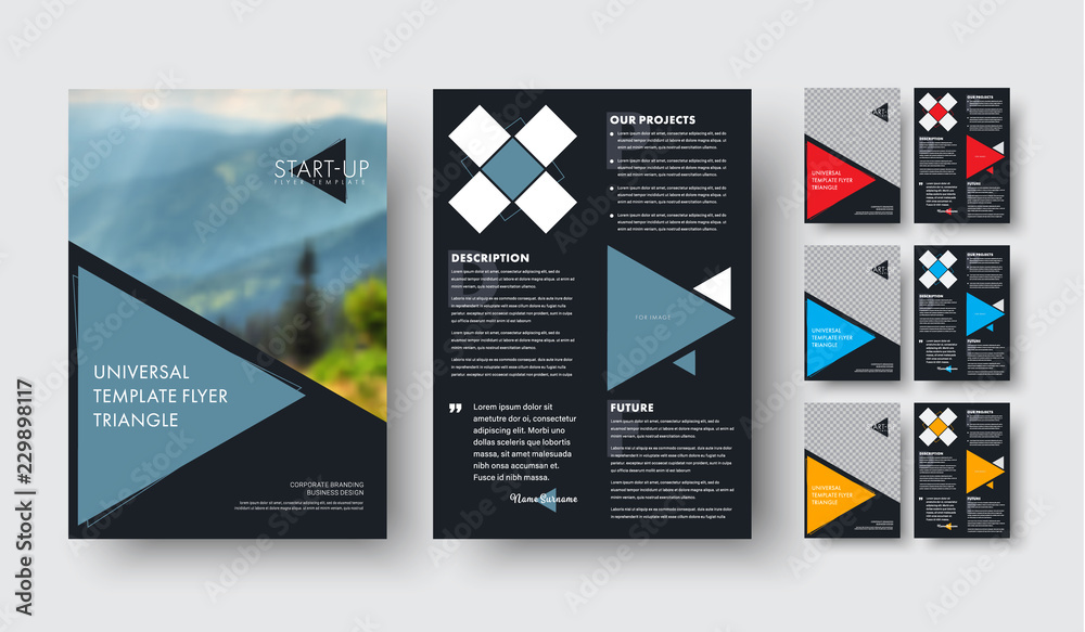 Poster flyer template with triangular colors elements. Front and back page design for business and advertising.