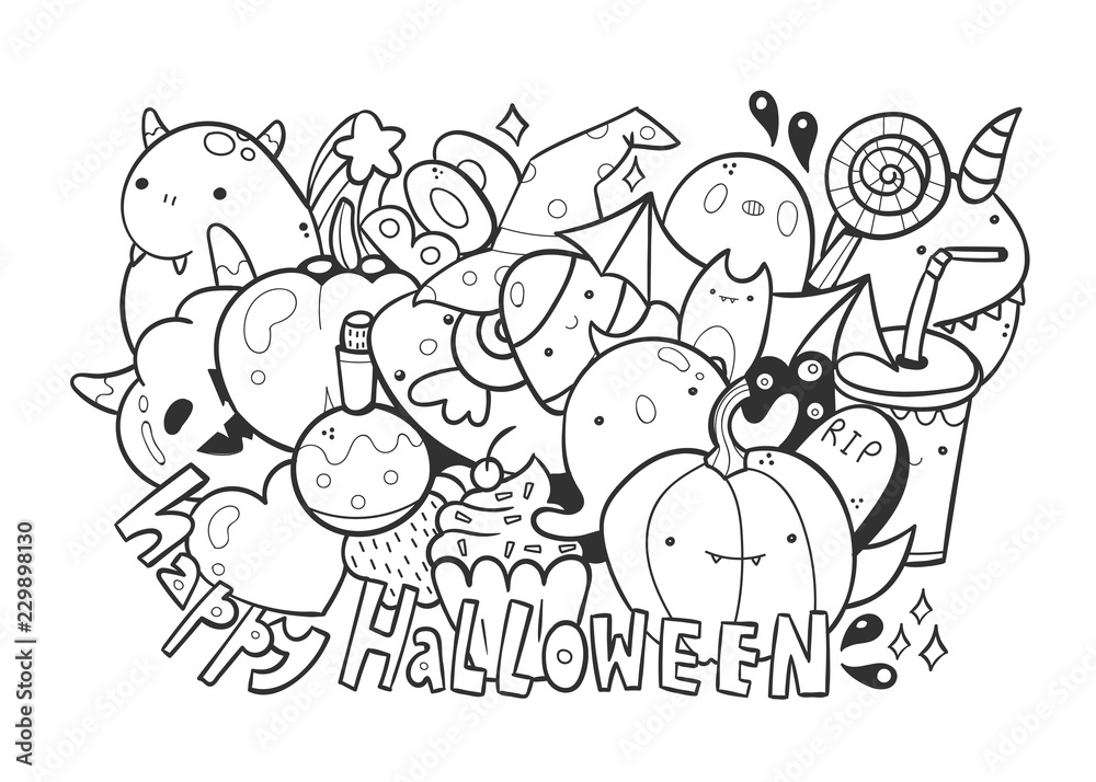 Wall mural Happy halloween. Cute monsters. Doodle coloring page. Hand drawn vector illustration