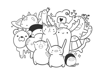Cute monsters. Doodle coloring page. Hand drawn vector illustration