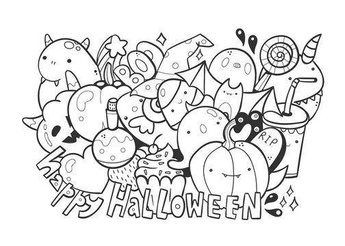 Happy halloween. Cute monsters. Doodle coloring page. Hand drawn vector illustration