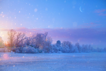 Christmas winter Landscape with Frozen lake and snowy trees