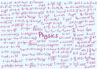 Physics formulas drawn by hand on the black chalkboard for the background. Vector illustration.