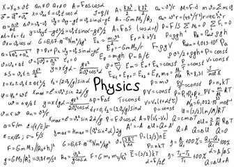 Physics formulas drawn by hand on a white chalkboard for the background. Vector illustration.