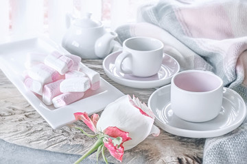 Pure coffee or tea set. A pair of elegant porcelain light gray and pastel pink cups on a cozy autumn background