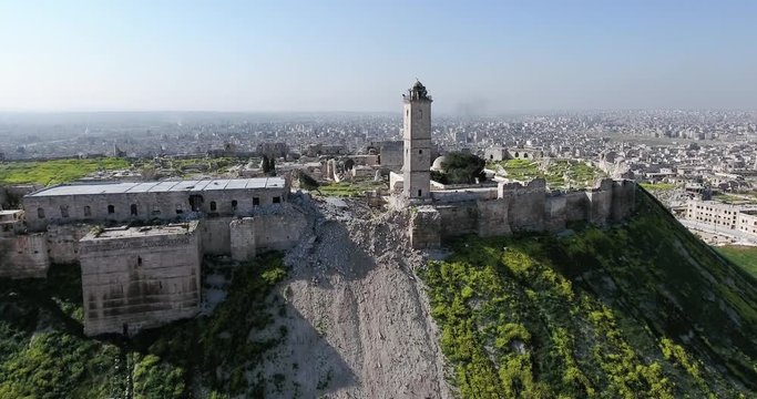 Aerial view of destroyed Citadel of Aleppo