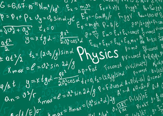 Physics white formulas drawn by hand on a green chalkboard in perspective for the background. Vector illustration.