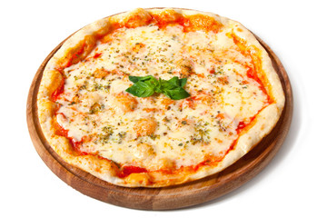 Delicious pizza on a wooden plate isolated on white