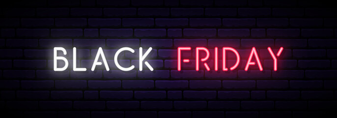 Black Friday Sale neon sign. Long horizontal light banner . Vector bright signboard.