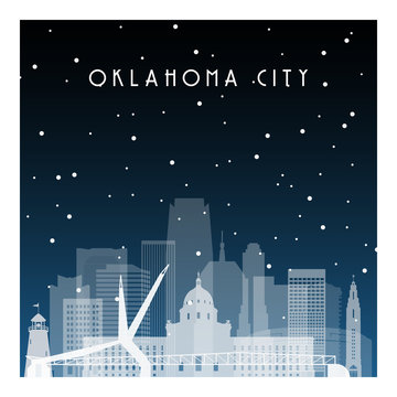 Winter Night In Oklahoma City. Night City In Flat Style For Banner, Poster, Illustration, Background.