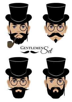 A set of male faces in retro style with beards, pince-nez and  cylinder hats.  Set of gentlemen. Vector illustration.