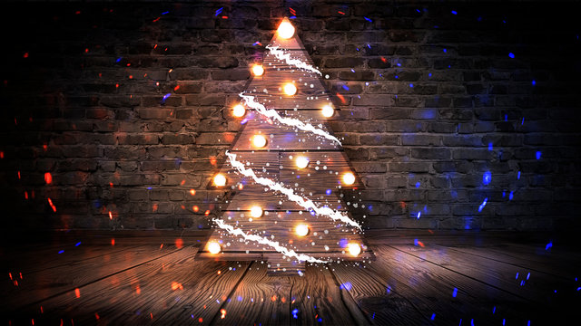 Christmas tree with lights on the wooden floor, lights, lights, lights, glare, smoke. Christmas tree made of wood, New Year's loft, light object, interior decor. Abstract dark background, night view,