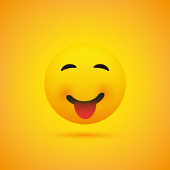 Smiling Emoji with Stuck Out Tongue - Simple Happy Emoticon on Yellow Background - Vector Design