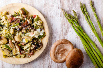 Scrambled eggs with mushrooms and jam, Spanish food.