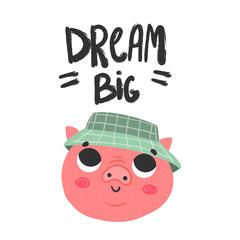 Dream big. Cute little piggy. Colored vector illustration