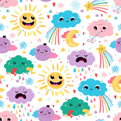 Cute weather icons. Colored vector seamless pattern