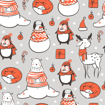 Cute christmas animals. Graphic vector seamless pattern. Grey background